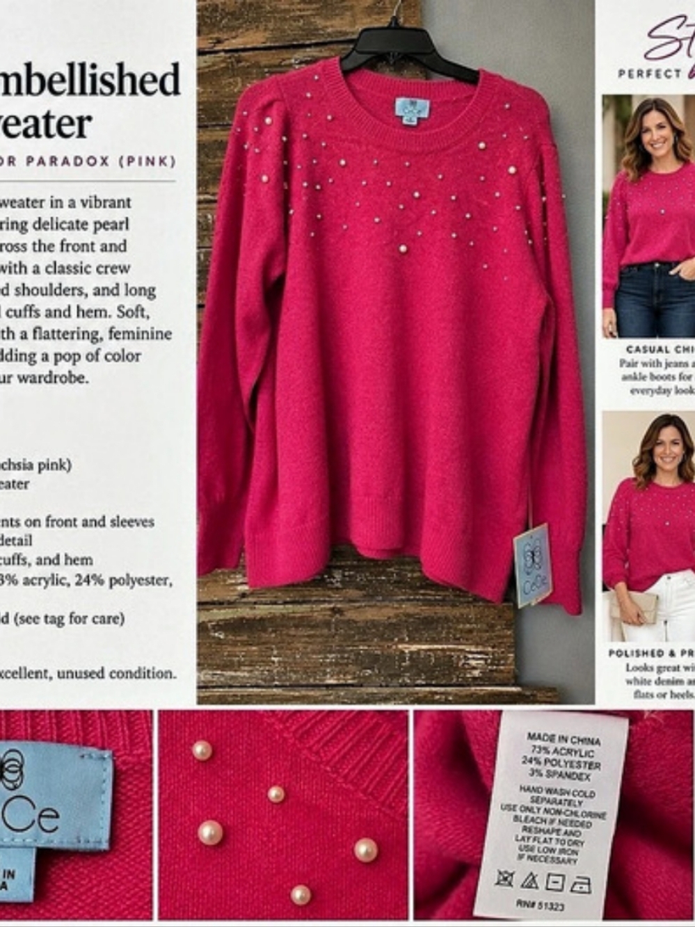 CeCe Pearl Embellished Knit Sweater Pink XL NWT
